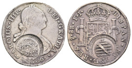 8 Reales, 1806, Karl IV., FJ (Chile), mit Gegenstempel 960 Reis, KM 243, Randabschliff, stellenweise bearbeitet, ss.