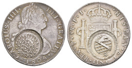 8 Reales, 1806, Karl IV., PTS PJ (Bolivien), mit Gegenstempel 960 Reis, KM 242, Stempelfehler, ss,