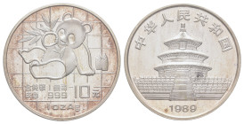 10 Yuan, 1989, Panda, KM A221, lt. angelaufen, Rev. Fleck, in Kapsel, PP.