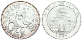 10 Yuan, Silber, 1992, Panda, KM 397, gekapselt, Avers minimale rosafarbene Randpatina, PP.