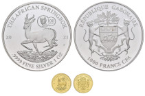1000 und 3000 Francs CFA, 2021, Springbok Dedication Set, auf den 95. Geburtstag Queen Elizabeth II. und 100. Geburtstag Prinz Philip,1g Gold, 1 oz Si...