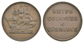 Token, o. J. (1835-1837). Av.: Amerikanische beflagtes Schiff. Rev.: Inschrift "SHIPS / COLONIES / & / COMMERCE". f. vz.