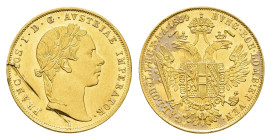 Dukat, 1854, Franz Joseph I., Fb. 490, J. 297, Kratzer, Belag, berieben, f. vz.