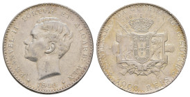 1000 Reis, 1910, Emanuel II., auf die 100-Jahrfeier des Iberischen Krieges, KM 588, berieben, kl. Rf., ss.