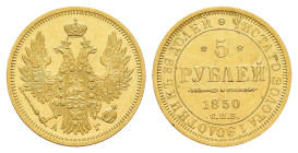 5 Rubel, Gold, 1850, Nikolaus I., Fb. 155, Bitkin 33, Kratzer, kl. Rf., ss-vz.