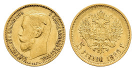 5 Rubel, Gold, 1898, Nikolaus II., St. Petersburg, Fb. 180, Kr., gereinigt, ss.