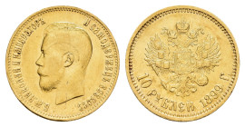 10 Rubel, Gold, 1899, Nikolaus II., St. Petersburg, Fb. 179, Rf., kl. Kr., berieben, ss.