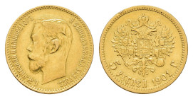 5 Rubel, Gold, 1901, Nikolaus II., St. Petersburg, Fb. 180, kl. Rf., ss.