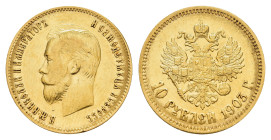 10 Rubel, Gold, 1903, Nikolaus II., St. Petersburg, Fb. 179, kl. Rf., kl. Kr., ss.