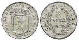 Basel, Stadt, 3 Batzen, 1809, HMZ 2-110a, vz+Dieses Los wird regelbesteuert verkauft, auf den Zuschlag wird 22% Aufgeld, 3 Euro Losgebühr und 7% MwSt....