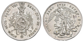 Beromünster Chorherrenstift, Michaelspfennig (Dm. 30,2mm, 6,27g), o.J. (19. Jh.), von S. Burger. Av: Behelmtes, ovales Wappen Auf Kartusche mit Ordens...