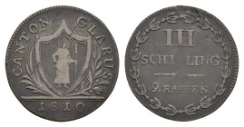 Glarus, 3 Schilling (9 Rappen), 1810, HMZ 2-373b, Schrötlingsfehler, s-ss.Dieses Los wird regelbesteuert verkauft, auf den Zuschlag wird 22% Aufgeld, ...