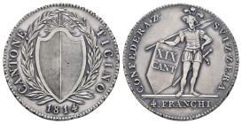 Tessin, 4 Franken (Neutaler), 1814, HMZ 2-923b, poliert, ss.Dieses Los wird regelbesteuert verkauft, auf den Zuschlag wird 22% Aufgeld, 3 Euro Losgebü...
