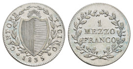 Tessin, 1/2 Franken, 1835, HMZ 2-926a, leicht berieben, ss-vz.Dieses Los wird regelbesteuert verkauft, auf den Zuschlag wird 22% Aufgeld, 3 Euro Losge...