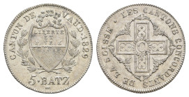 Waadt, 5 Batzen, 1829, HMZ 2-1002m, Überprägungsspuren, ss-vz.Dieses Los wird regelbesteuert verkauft, auf den Zuschlag wird 22% Aufgeld, 3 Euro Losge...
