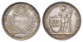 Waadt, 1 Franken, 1845, HMZ 2-1001a, berieben, kl. Rf., Patina, vz.Dieses Los wird regelbesteuert verkauft, auf den Zuschlag wird 22% Aufgeld, 3 Euro ...