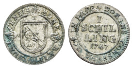 Zürich, Schilling, 1747, HMZ 2-1169k, etw. Grünspan, f. vz.Dieses Los wird regelbesteuert verkauft, auf den Zuschlag wird 22% Aufgeld, 3 Euro Losgebüh...