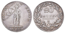 Helvetische Republik, 20 Batzen, 1798, S, Tulpenrand, HMZ 2-1186c, berieben, ss.Dieses Los wird regelbesteuert verkauft, auf den Zuschlag wird 22% Auf...