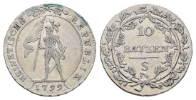 Helvetische Republik, 10 Batzen, 1799, S, HMZ 2-1187c, gereinigt, ss.Dieses Los wird regelbesteuert verkauft, auf den Zuschlag wird 22% Aufgeld, 3 Eur...