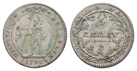 Helvetische Republik, 5 Batzen, 1799, B, HMZ 2-1188a, ss.Dieses Los wird regelbesteuert verkauft, auf den Zuschlag wird 22% Aufgeld, 3 Euro Losgebühr ...