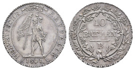 Helvetische Republik, 10 Batzen, 1801, B, HMZ 2-1187d, berieben, Patina, ss.Dieses Los wird regelbesteuert verkauft, auf den Zuschlag wird 22% Aufgeld...