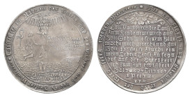 Harz, Zellerfeld, Silberner Tauftaler (ca. 29,22g, 51,6mm), o.J. (1723-1731), von Ernst Peter Hecht. Av.: Taufszene im Jordan, mit Umschrift. Rev.: 11...