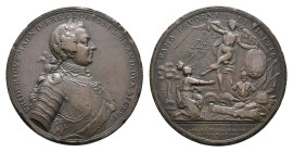 Brandenburg-Preußen, Friedrich II., Bronzemedaille (36,16 g, 47,7 mm), 1757, auf die Schlacht bei Prag. Av.: Geharnischtes Brustbild des Königs nach r...