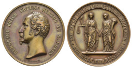 Sachsen-Meiningen, Bernhard Erich Freud, Bronzemedaille (ca. 47,26g, 45 mm), 1846, von Helfricht, auf 25. Jahre Regierung. Av.: Kopf nach links, mit U...