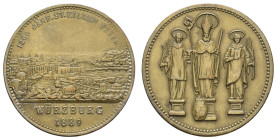 Würzburg, Æ-Medaille (Dm. ca. 27,2 mm, ca. 9,52 g), 1889, unsigniert, auf die 1200-jährige St. Kilians Feier. Av: Stadtansicht. Rev: 3 Heilige auf Pod...