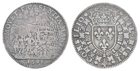 Frankreich, Jeton, 1598, Heinrich IV., anlässlich der Übergabe von Amiens an den König. Av.: Bekrönter Wappenschild und Wahlspruch " * NIL . NISI * - ...