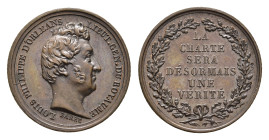 Frankreich, Louis-Philippe, Bronzemedaille (4,31 g, 18,0 mm), o. J. (30. Juli bis 7. August 1830), von Jean-Jacques Barre, auf die Proklamation des Ge...