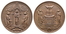 Frankreich, Kupfermedaille (ca. 142,62g, 69,0mm), 1883, von Oudine, auf die Kommunion. Av.: Jesus in Aedicula mit Hostie, rechts und links Schutzengel...