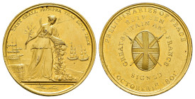 Großbritannien, vergoldete Æ-Medaille (ca. 31,82g, 38,0mm), 1801, von Kettle, auf den bevorstehenden Frieden von Amiens. Av.: Stehende Pax nach rechts...