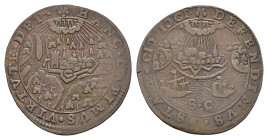 Niederlande, Holland, Kupferjeton, 1601, auf die Einnahme Rheinbergs und die Verteidigung Ostendes. Rf., ss.