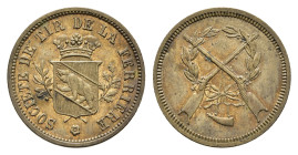 Schweiz, Bern, La Ferriere, Messingmedaille (Jeton) (Dm. 20,1mm, 3,14g), o.J., unsigniert. Av: Bekröntes Wappen. Rev: Zwei gekreuzte Gewehre im Lorbee...