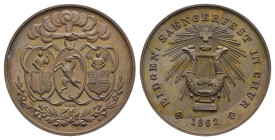 Schweiz, Graubünden, Bronzemedaille (Dm. 35,3mm, 22,33g), 1862, von Jakob Siber, auf Eidgenössische Sängerfest in Chur. Av: Drei Hände aus Wolken halt...