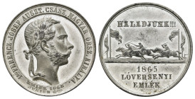 Ungarn, Franz Joseph, versilberte Zinnmdeaille, 1865, von Pittner, auf die Landtagseröffnung 1865. Av.: Belorbeerte Büste nach rechts. Rev.: Pferderen...
