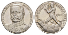 Silbermedaille (ca. 33,2mm, 17,93g), 1914, von Lauer, auf Generaloberst von Hindenburg und die Befreiung Ostpreußens. Av: Brustbild Hindenburgs nach h...