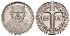 Silbermedaille (33,3mm, 17,84g), 1914, von Lauer, auf General von Beseler. Av: Brustbild. Rev: Schwert teilt Jahreszahl im Eichenkranz . Randpunze "SI...