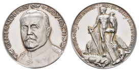 Silbermedaille (33,1mm, 18,04g), 1915, von Lauer, auf Generaloberst von Woyrsch. Av: Brustbild. Rev: Nackter Krieger mit Schwert und Adler auf Felsen ...