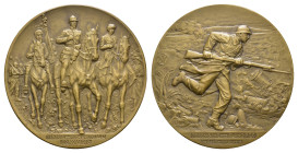 Belgien, Bronzemedaille (ca. 96,8g, 70mm), 1918, von Hippolyte Le Roy, auf die Gegenoffensive in Flandern und Einzug der Königsfamilie in Brüssel. Av....