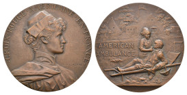 Frankreich, Bronzemedaille (156,6g, 72,3mm), o. J., von G. Prud'homme, auf das Amerikanische Rote Kreuz in Frankreich. Av.: Brustbild Krankenschwester...