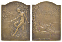 Frankreich, Zweiseitige Bronzeplakette (48,2x63,8mm, 65,5g), 1905, von A. Borrel, Prämienmedaille fürs Angeln. Av: Nackte Frau auf Baumstumpf nach lin...