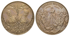 Frankreich, Bronzemedaille (ca. 135,55g, 68mm), 1914, von Allouard, auf die Schlacht von Yser. Av.: Zwei Medaillons mit Brustbildern von Ronarch und F...