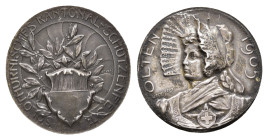 Schweiz, Solothurn, Olten, Silbermedaille (Dm. 22,8mm, 5,83g), 1905, von Holy Frères, auf das Solothurnische Kantonalschützenfest. Av: Wappen vor Lorb...
