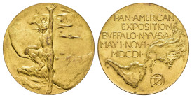 USA, Messingmedaille (15,98 g, 34 mm), 1901, von G.T. Brewster, auf die Pan-American Exposition in Buffalo. Av.: Freiheitsstatue. Rev.: Nord- und Süda...
