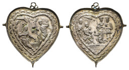 Herzförmige Æ-Medaille (ca. 10,22g, 48,7mm), o.J., von CS, auf Christus Geburt. Av.: Engel kündigt Maria Geburt Christus an. Rev.: 3 Heiligen König br...