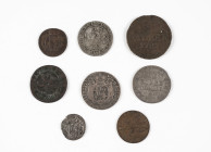 Kleines Lot bestehend aus 8 losen Kleinmünzen, dabei 1/12 Taler von Sachsen (1763) und Paderborn (1767) sowie weiter Kleinmünzen von Rostock, Jülich u...