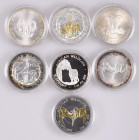 SAMBIA, Set aus 7x 5000 Kwacha African Wildlife, je 1 oz Silber, davon 2 mit Goldapplikation, von 1999 bis 2003. Manche angelaufen, Erhaltung st.