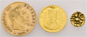 Lot aus drei Goldmünzen: (1) Fanam Cochin, 17.-18. Jh., Fb. 1504 // (2) 1/5 Toman, o. J., Nasir Al-Din, Fb. 64, Datierung durch Hksp. beschädigt // (3...